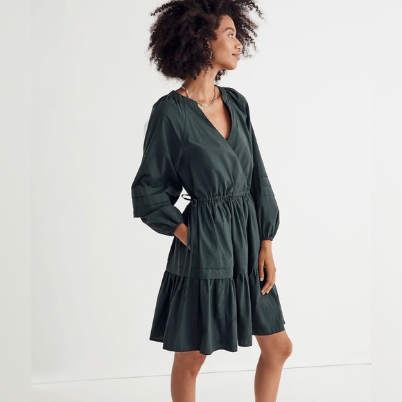 NWT Madewell Green Crinkle Poplin Puff Sleeve Wrap Mini Dress Size XXS - Picture 2 of 5